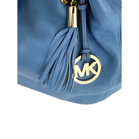 Michael Kors East-West Ring Tote Shoulder Bag Blue Pebbled Leather Tassel MK Tag - Picture 9 of 16